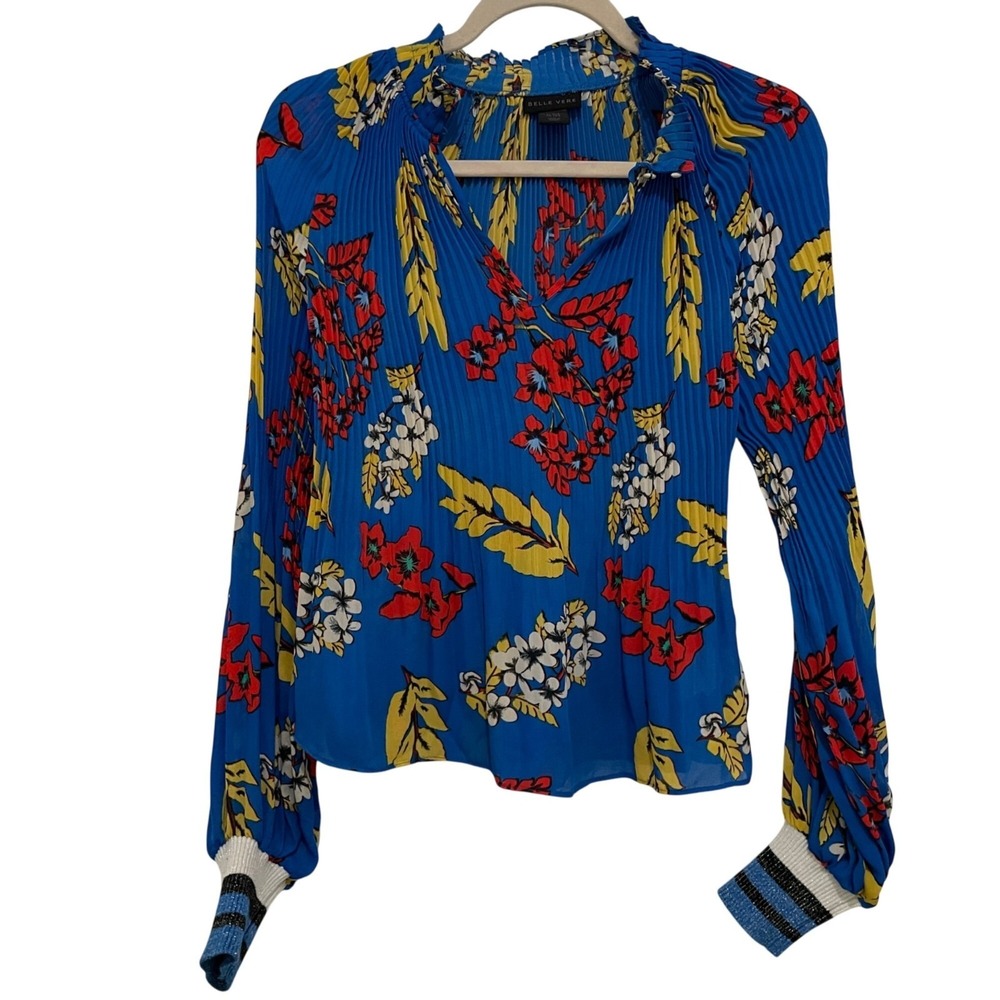Belle Vere Blouse Womens XS/S Blue Floral Pleated Ruffle Neck Maximalist Chic